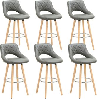 Woltu Woltu - Juego De 6 Taburetes De Bar De Piel Sint&eacute;tica Y Madera Maciza Con Respaldo Y Reposapi&eacute;s, 43 X 43 X 91 Cm, Color Gris