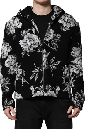 Dolce & Gabbana Black Wool Floral Printed Men Hooded Jacket Clothing