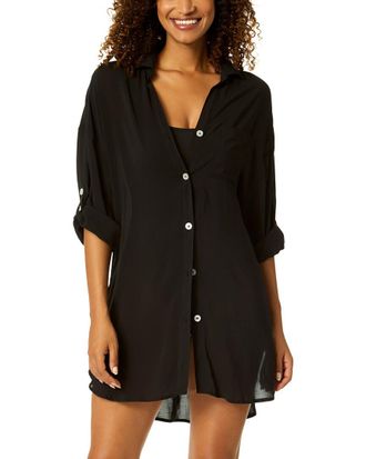 Anne Cole Mid Length Shirttail Button Down Top