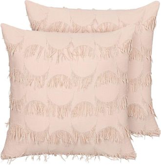 Beliani Conjunto De 2 Cojines De Poli&eacute;ster Rosa Salm&oacute;n 45 X 45 Cm Borlas Boho Agastache