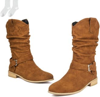 Generic Womens Slouch Boots in A Suede Look, Fashionable Mid-Calf Boots with Buckle Straps And A Comfortable Low Heel, Non-Slip Autumn Winter Ankle Boots for 