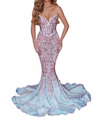 Portia & Scarlett Strapless V Neck Sequins Gown In Rose Gold Ombre