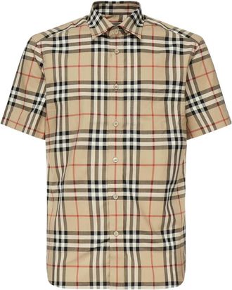 Burberry Geruit shirt met korte mouwen - Heren - Korte mouwen Overhemden - Beige - M - Katoen - Overhemden