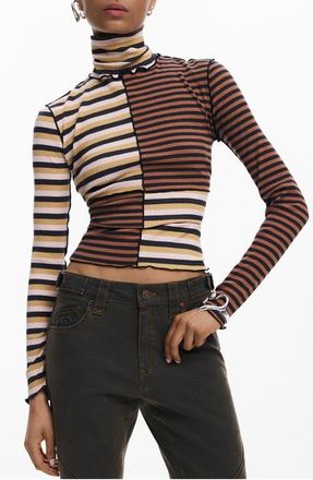 Desigual Colorblock Stripe Rib Turtleneck Top in Brown at Nordstrom, Size X-Small