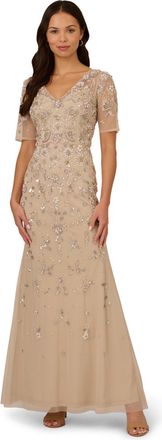 Adrianna Papell Womens Beaded Mesh Long Dress - Natural - Size 10 UK