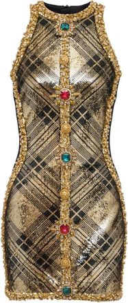 Balmain Geruite mouwloze jurk verfraaid met kristallen - Goud