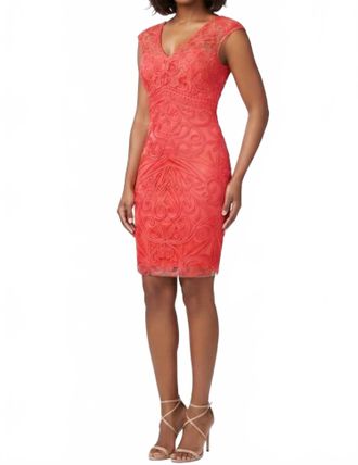 Sue Wong Soutache Embroidered Sheath Evening Dress In Flamingo