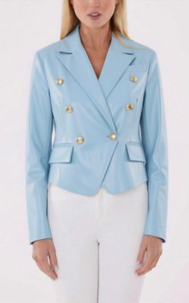 Dolce Cabo Cropped Faux Leather Double Breasted Blazer In Light Blue