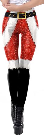 Feoya Womens Christmas Costumes Print Stretchy Leggings Xmas Funny Tights Santa Striped Leggings Yoga Skinny Pants Festival Trousers Workout Running Pilates