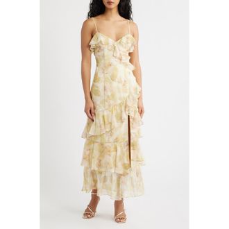 Lulus Tessia Ruffle Evening Dress in Yellow Floral at Nordstrom, Size X-Small