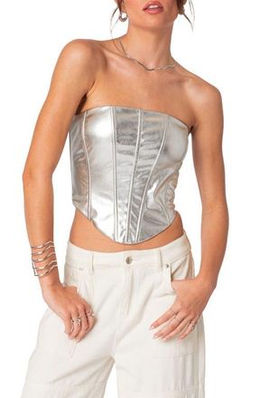 Edikted Mabel Metallic Faux Leather Corset Top in Silver at Nordstrom, Size Medium
