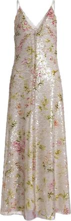 Alberta Ferretti V-neck Midi Dress with Sequined Floral Design