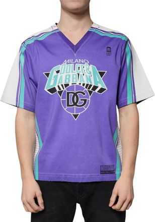 Dolce & Gabbana Mens Purple Logo Jersey Cotton V-Neck T-Shirt