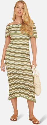 Yumi Stripe Crochet Knit Bardot Midi Dress in Green at Nordstrom, Size Medium