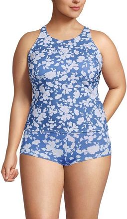 Lands End Tugless High Neck Strappy Back Tankini Swimsuit Top in Deep Sea Painted Stripes at Nordstrom, Size 24W