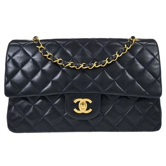 Chanel Timeless - Classic Double Flap Quilted Lambskin Navy Leather Handbag (Pre-Owned)