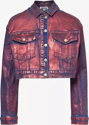 Amy Lynn Womens Metallic Patterned Denim Jacket with Woven Cuff - Red - Size: XS 6