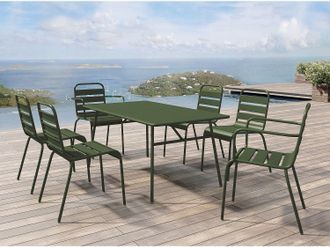 Vente-Unique Sala pranzo giardino Metallo Kaki MIRMANDE: un tavolo L.160cm con 2 sedie impil. braccioli e 4 sedie impil