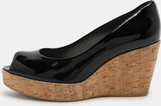 Stuart Weitzman Black Patent Leather Cork Wedge Pumps