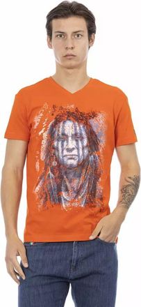 Trussardi Mens Native American Print Vneck Tee - Orange Cotton - Size X-Large