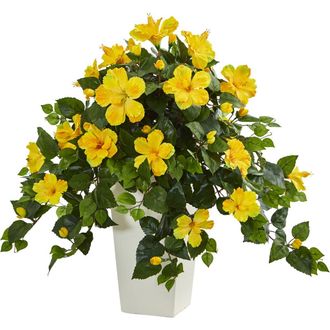 Nearly Natural Hibiscus Artificial Plant in White Tower Planter in Yellow at Nordstrom