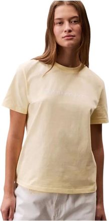 Calvin Klein Tops, Dames, Beige, S, Katoen, Gele T-shirt Ronde Hals Korte Mouw