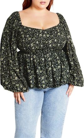 City Chic Dahlia Peasant Top in Olive Ditsy at Nordstrom, Size Xxs