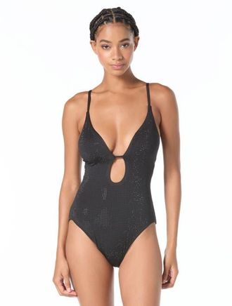Michael Kors Rhinestone Studded Solids One-Piece Swimsuit in Black at Nordstrom, Size 12