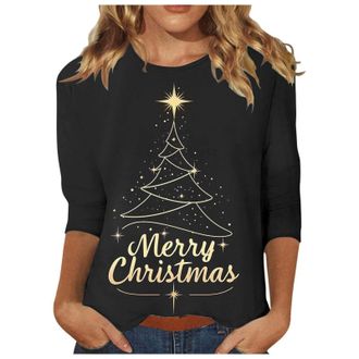Generic Womens Christmas Tops UK Funny Xmas Tree Red Wine Glass Cow Print Blouse Casual Cozy Sweatshirt Tops Christmas Long Sleeve Shirt for Women 3/4 Sleeve 