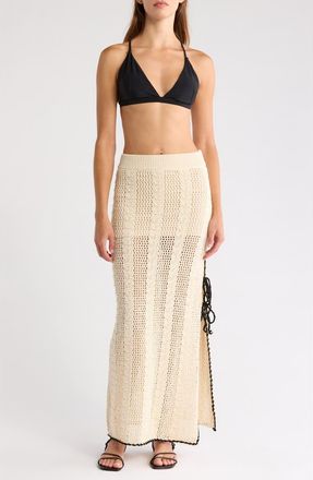 Elan Open Stitch Side Slit Cover-Up Maxi Skirt in Nat Black Border at Nordstrom, Size X-Small
