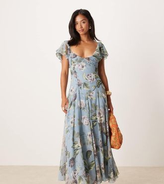 Asos Petite ASOS DESIGN - Vestito midi blu con gonna a ruota, stampa a fiori vintage e vita scesa-Multicolore