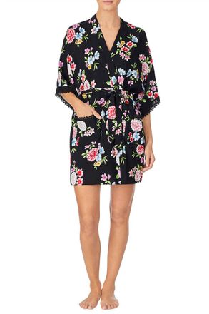 Kensie V Neck Wrap Robe In Black Floral