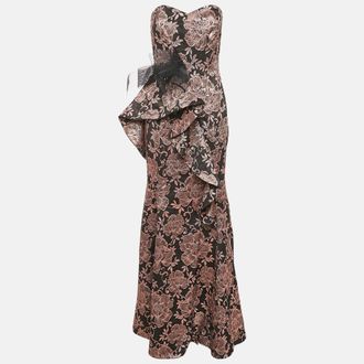 Badgley Mischka Black/metallic Floral Jacquard Ruffled Strapless Gown