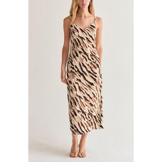 Crescent Abstract Animal Print Midi Slip Dress in Brown at Nordstrom, Size X-Small