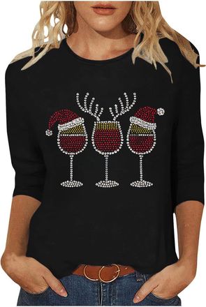Generic Christmas Jumpers for Women Ladies Tops Autumn Casual 3/4 Sleeve Loose Sweatshirts Crewneck Xmas Rhinestone Red Wine Glass Print Blouse Tunic Jumper C