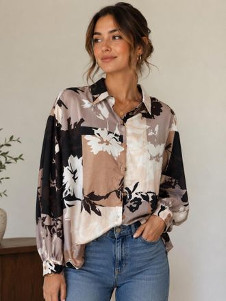 Jade Yoga Floral Button-Front Blouse In Shadow Bloom
