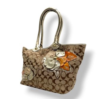 Coach Beige Gold Canvas Leather Handbag Tote Bag (Pre-Owned)