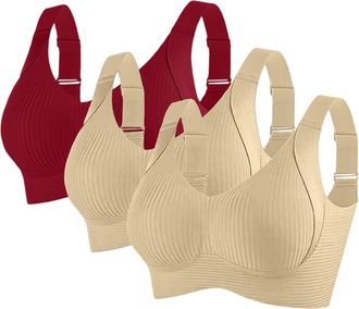 Generic 2/3 Pack Bras for Women Non Wired Seamless Wireless Push Up Bra Comfort Ribbed Plunge Bras Soft Support Full Coverage Everyday Bralettes with Adjustab