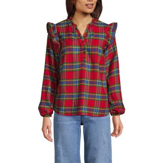 Lands End Ruffle Front Flannel Popover Blouse in Red/nautical Blue Plaid at Nordstrom, Size X-Large