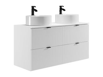 Vente-Unique Mueble de ba&ntilde;o suspendido estriado con lavabo sobre encimera redondo - Blanco mate - 120 cm - ZEVINI