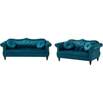 Beliani Living Room Set Teal Velvet 2 Seater 3 Seater Nailhead Trim Button Tufted Throw Pillows Rolled Arms Glam SKIEN
