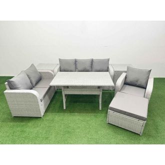 Fimous Patio pe Wicker 7 Seater Outdoor Rattan Furniture Sofa Sets with Rectangular Dining Table Reclining Chair Loveseat Sofa 3 Seater Sofa Big Footstool 2