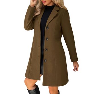 Generic Wool Trench Coats for Women UK Casual Single Breasted Buttons Long Jackets Notched Lapel Winter Warm Overcoats Ladies Elegant Peacoats Mid-Length Thic