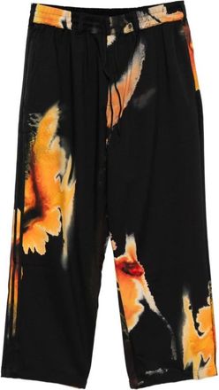 Yohji Yamamoto Broeken, Heren, Zwart, M, Zwarte broek met abstracte print en zakken