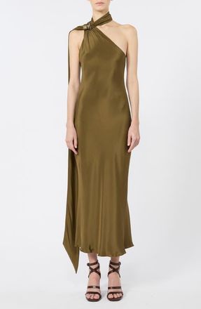 Max Mara Evasto Scarf Neck One Shoulder Silk Satin Evening Dress in Mud at Nordstrom, Size 10