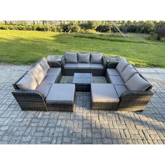 Fimous Rattan Outdoor Furniture Set Patio Garden Sofa Set with Square Coffee Table 2 Big Footstool 2 Side Tables Dark Grey Mixed - Fimous