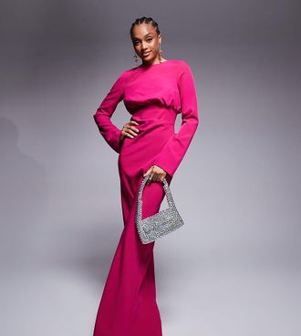 Asos Tall ASOS DESIGN - Vestito lungo strutturato a maniche lunghe rosa con corpetto arricciato