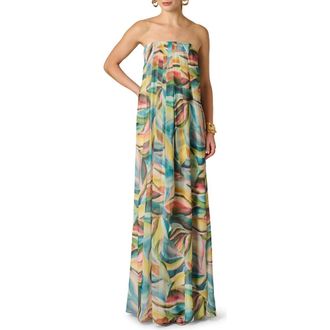 Adrianna Papell Print Strapless Chiffon Gown in Green Multi at Nordstrom, Size 10