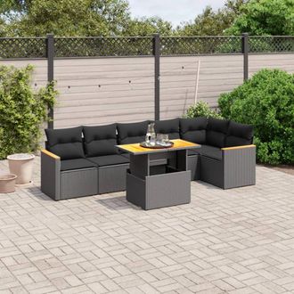 vidaXL Set De Comedor De Jard&iacute;n 7 Pzas Y Cojines Rat&aacute;n Sint&eacute;tico Negro Vidaxl