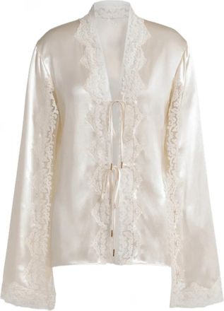Alberta Ferretti Satin-Finish Blouse with Delicate Lace Trim and Tie Closures